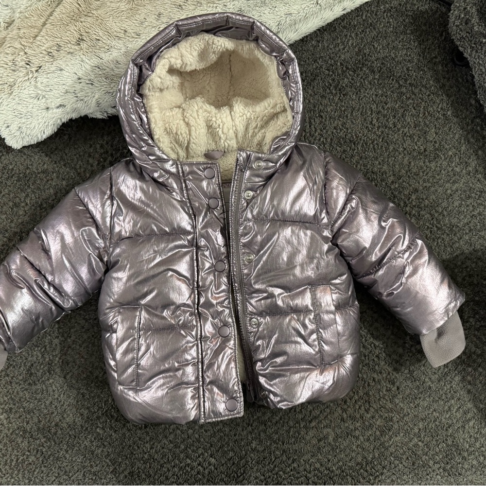 GAP Shiny Purple/Silver Puffer Jacket with Fleece Lining